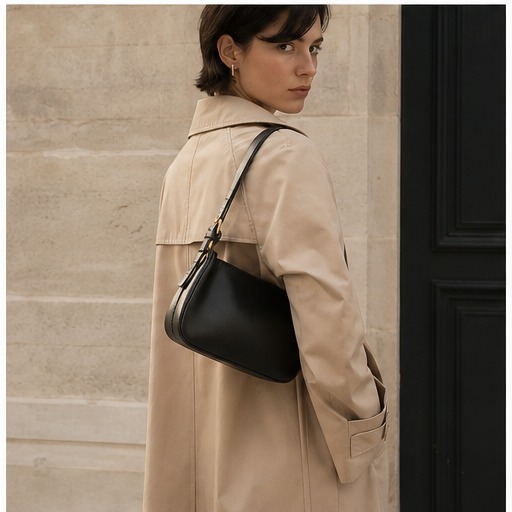 Model wearing a black CADRIVAS shoulder bag with a beige coat